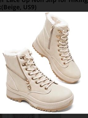 Beige Lace-Up Fur-Trim Ankle Boots with Side Zipper